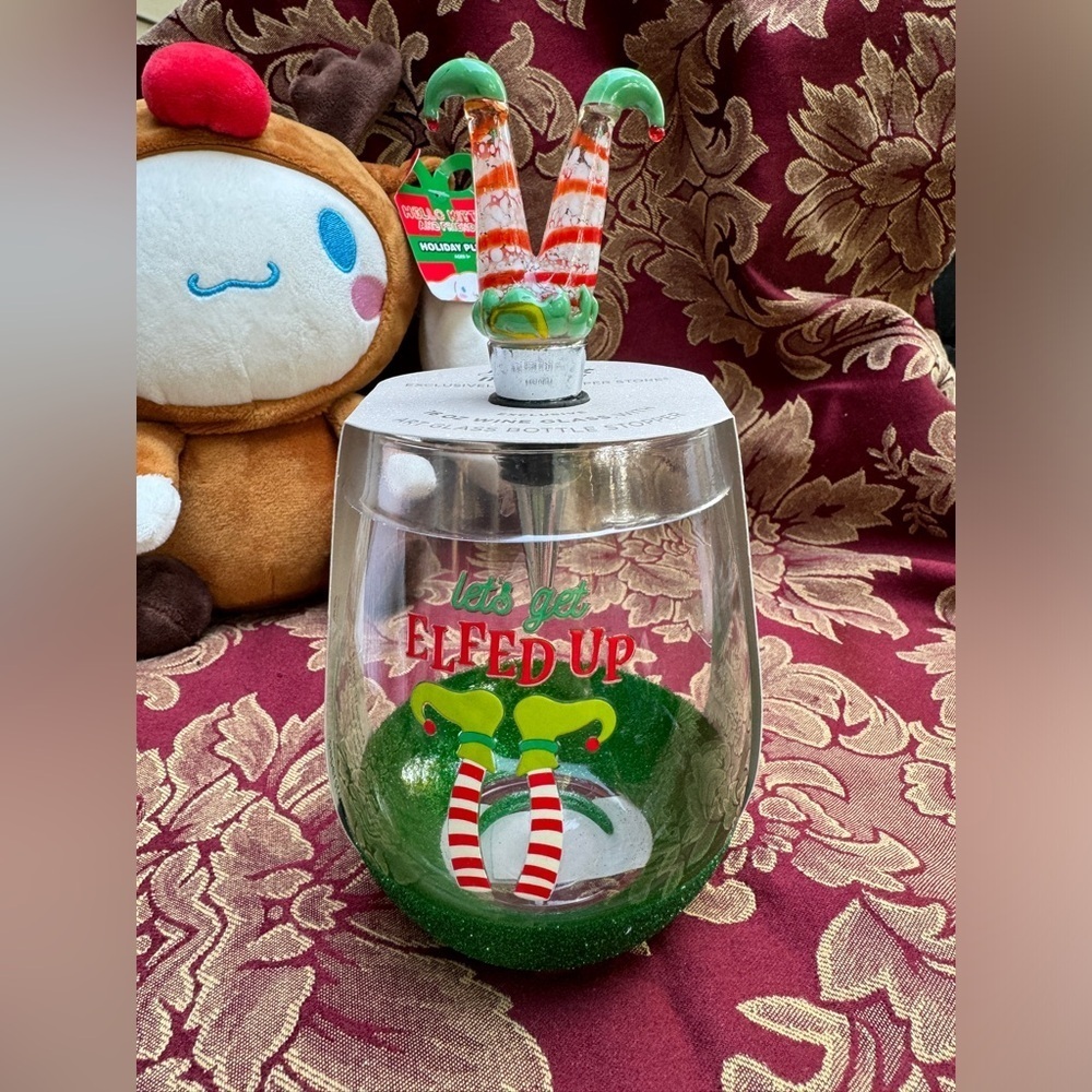 Merry Makers 16 oz. Wine Glass w/Art Glass Bottle Stopper "Lets Get Elfed Up"